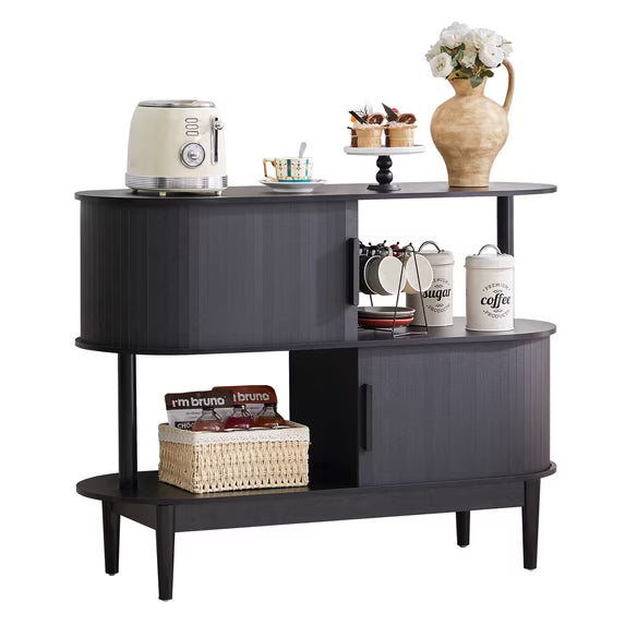 YOCWO 42.51" Oval Sideboard Buffet Cabinet with Tambour Sliding Door,Oval Curved Fluted Sideboard with Open Shelf, Buffet Storage Cabinet for Dining Room Living Room Entryway, Black